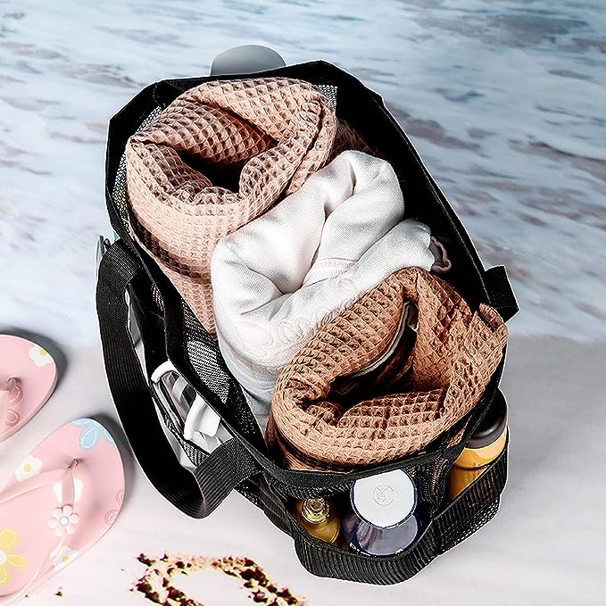 Shower rack dormitory mesh shower bag, mesh shower rack portable toiletry bag with 8 pockets, essential quick-drying bathroom storage bag for college dormitories, suitable for university dormitories, gyms, beaches, camping (black)