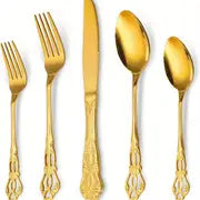 20pcs Golden Stainless Steel Silverware Set, Hollow Handle Dinner Knife Fork Spoon Teaspoon Set, Vintage Royal Mirror Polished Home Hotel Restaurant Wedding Birthday Party Utensils, Dishwasher Safe, Kitchen Accessories