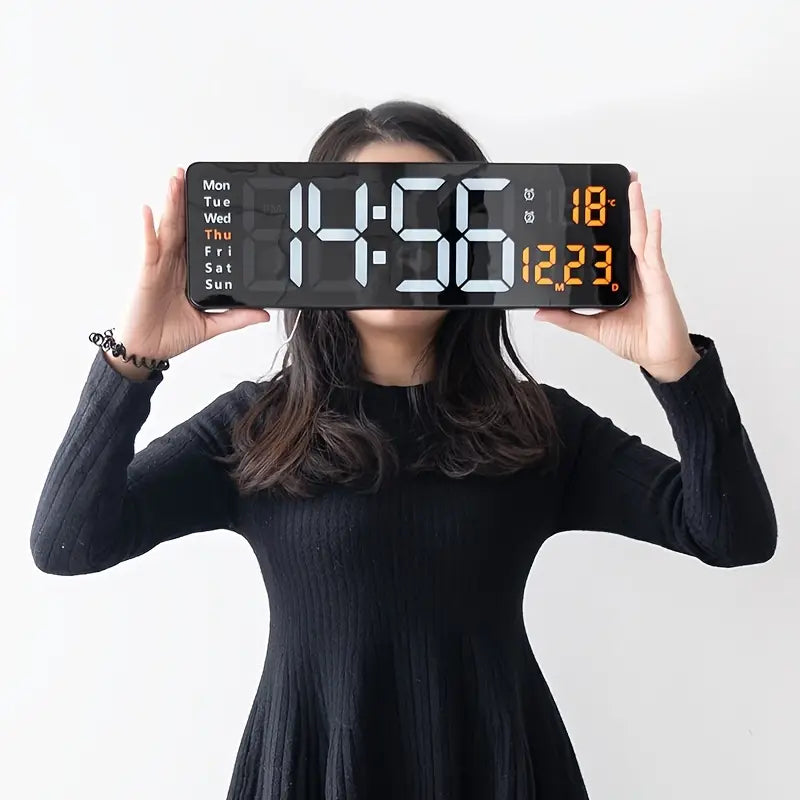 1pc Large Digital Wall Clock With Remote Control, LED Display, Auto-Dimming, Countdown, Temperature, Calendar - 12/24Hr Format - Silent Wall Clock For Home, Office, Or Gym Use (no Battery)