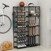 1pc 9 Tier Tall Shoe Rack, Garage Shoe Rack Large Capacity, Shoe Rack Organizer, Vertical Free Standing Shoe Rack, Heavy Duty Boot Rack, Two Rows Of Multifunctional Hooks, Large Shoe Rack Organizer Storage Shoe Rack Shelf Black 24-35 Pairs