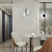 1pc Modern 3D Crystal Wall Clock, 12.4 Inch Metal Silver Mirror Sparkling Bling Diamond-Studded Wall Decor, Clock Round Design Metal Digital Needle Housewarming Gift For Living Room Bedroom Office