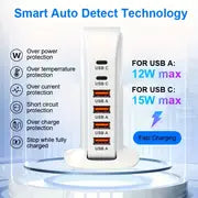 2023 USB Wall Charger Multiport Tower, 40W 6 Port Multi USB Charger Station With Auto Detect Technology, USB Charging Station For Multiple Devices For Smartphone Tablet Type-C