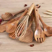 1pc Kitchen Utensils Set With Holder, Kitchen Wooden Utensils For Cooking , Wood Utensil Natural Teak Wood Spoons For Cooking,Wooden Kitchen Utensil Set With Spatula And Ladle, Father's Day Gifts