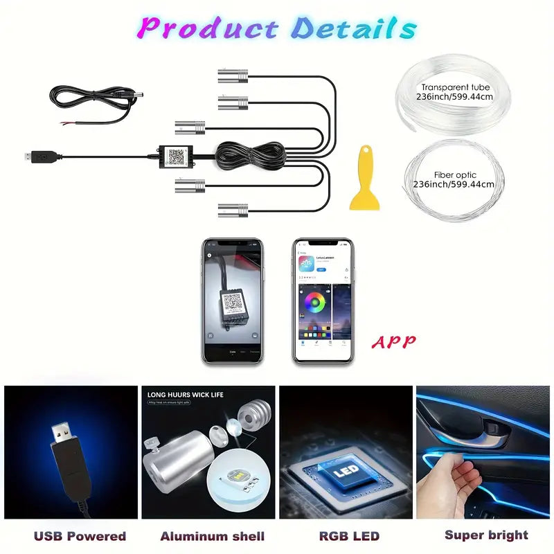Car LED Strip Lights With Wireless APP And Remote Control, RGB 5 In 1 Ambient Lighting Kits With 236 Inches Fiber Optic
