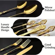 20pcs Golden Stainless Steel Silverware Set, Hollow Handle Dinner Knife Fork Spoon Teaspoon Set, Vintage Royal Mirror Polished Home Hotel Restaurant Wedding Birthday Party Utensils, Dishwasher Safe, Kitchen Accessories
