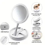 1pc Foldable Makeup Mirror With Led Light Storage Box Organizer, Double Sided 1X & 10X Magnifying Retractable Mirror For Table, Vanity, Cosmetic