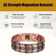 1pc 3X Strength Copper Bracelets For Men, Pure Copper Magnetic Bracelet With 3 Row Neodymium Magnets Adjustable Length Bracelet Arthritis Pain Relief, Jewelry Gifts For Men Father's Day