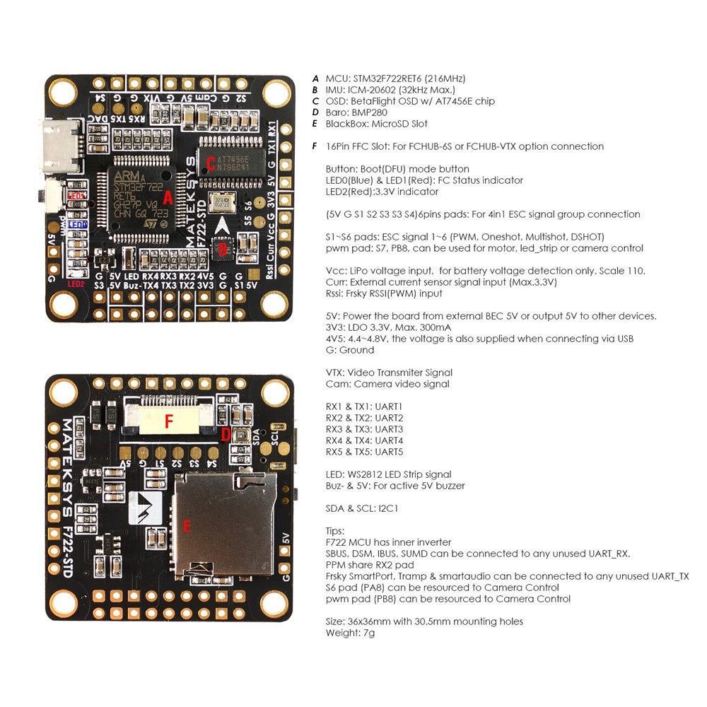 Matek Systems F722-STD Flight Controller w/ F7, 32K Gyro, BFOSD, Barometer