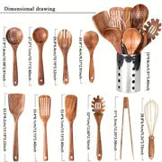 1pc Kitchen Utensils Set With Holder, Kitchen Wooden Utensils For Cooking , Wood Utensil Natural Teak Wood Spoons For Cooking,Wooden Kitchen Utensil Set With Spatula And Ladle, Father's Day Gifts