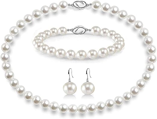 Pearl necklace set suitable for ladies and girls, 8mm round shell pearls including stunning bracelets and pendant earrings 3 pieces of jewelry, for mother, wife, sister, best friend birthday Christmas gift, gift box