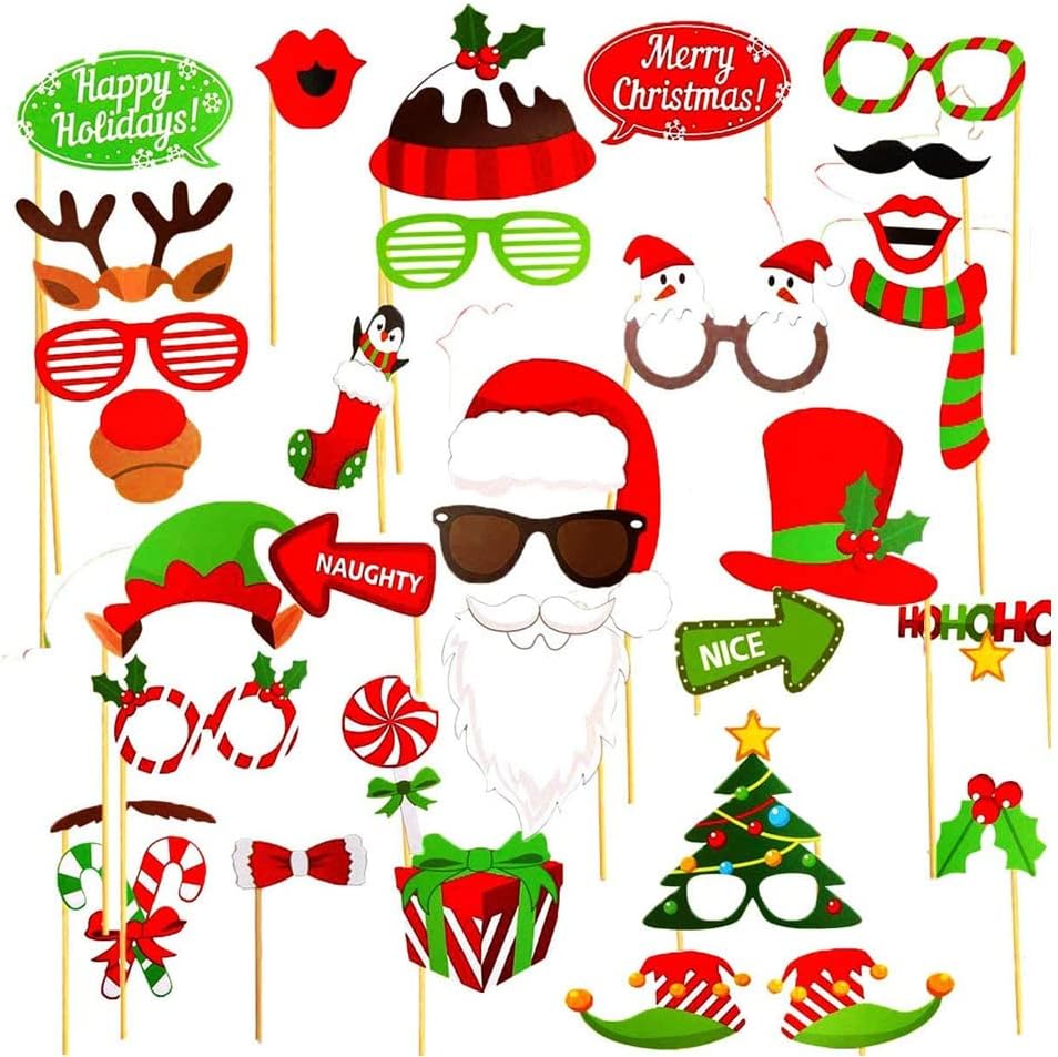 32 pieces of Christmas photo booth props-Christmas games for party supplies-picture background decoration set party gifts-Games suitable for children and adults-Selfie holiday Christmas photography photos