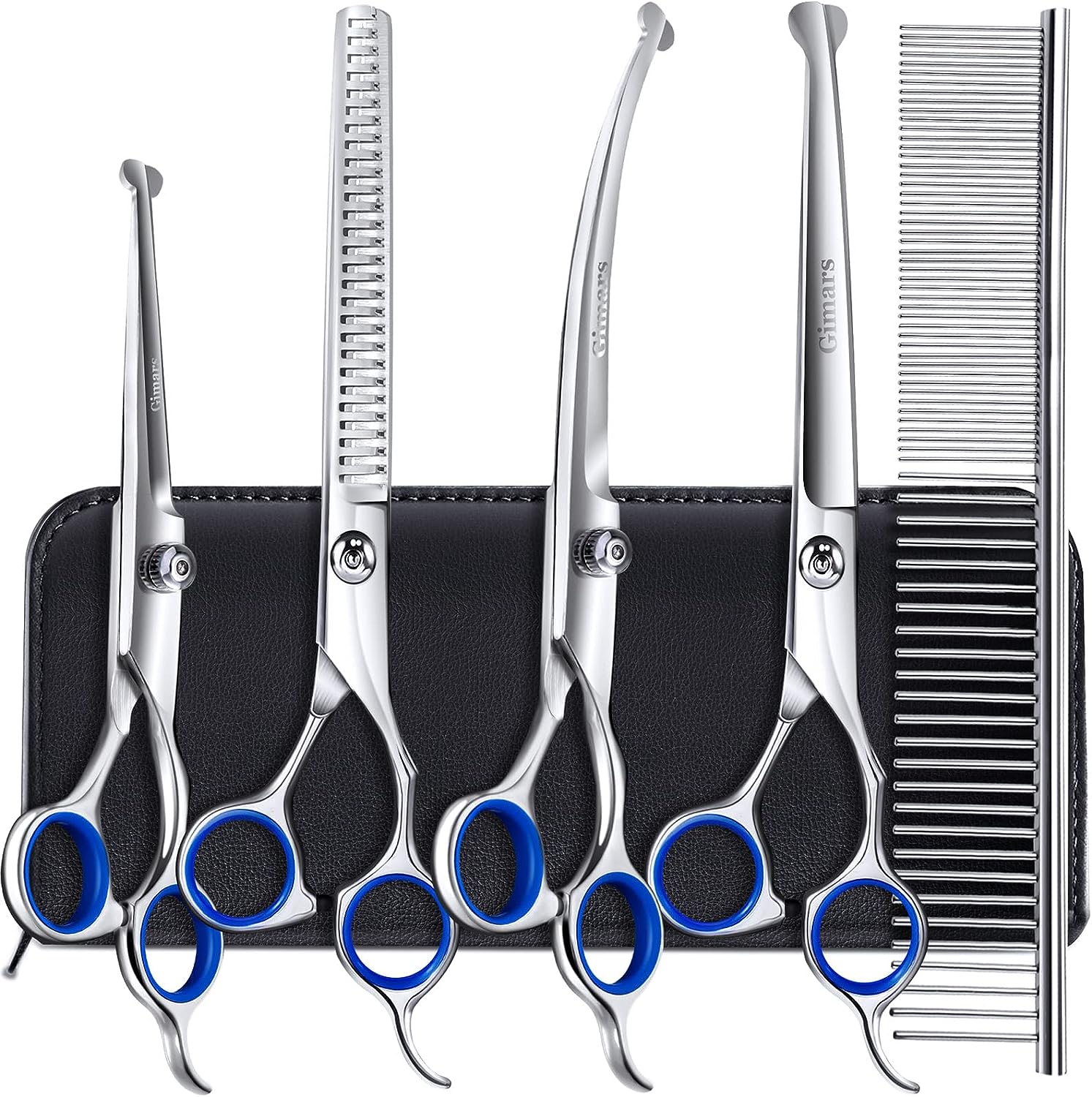 Professional 4CR Stainless Steel 6 in 1 Grooming Scissors for Dogs with Safety Round Tip, Heavy Duty Titanium Coated Pet Grooming Scissor for Dogs, Cats and Other Animals