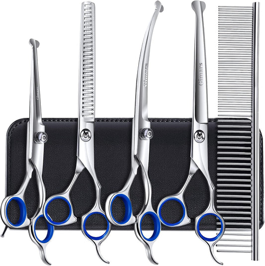 Professional 4CR Stainless Steel 6 in 1 Grooming Scissors for Dogs with Safety Round Tip, Heavy Duty Titanium Coated Pet Grooming Scissor for Dogs, Cats and Other Animals