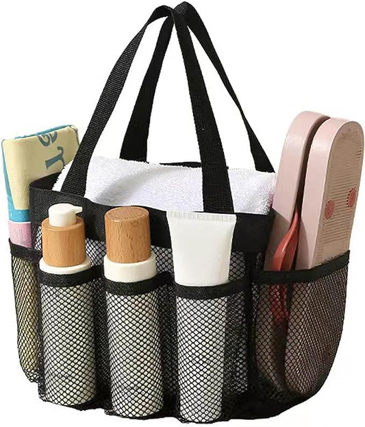 Shower rack dormitory mesh shower bag, mesh shower rack portable toiletry bag with 8 pockets, essential quick-drying bathroom storage bag for college dormitories, suitable for university dormitories, gyms, beaches, camping (black)