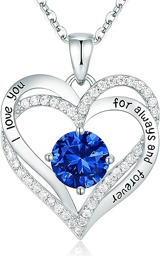 Forever Love Heart Pendant Necklaces for Women 925 Sterling Silver with Birthstone Zirconia, Anniversary Birthday Gifts for Wife, Jewelry Gift for Women Mom Girlfriend Girls Her