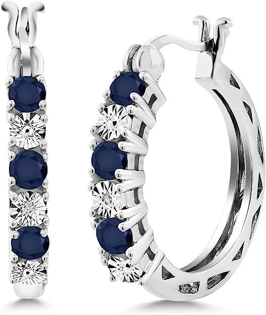 925 sterling silver sapphire and white laboratory-grown diamond embellished women's hoop earrings (0.83 carats, 22 mm = 0.85 inches in diameter), metallic gemstone, sapphire