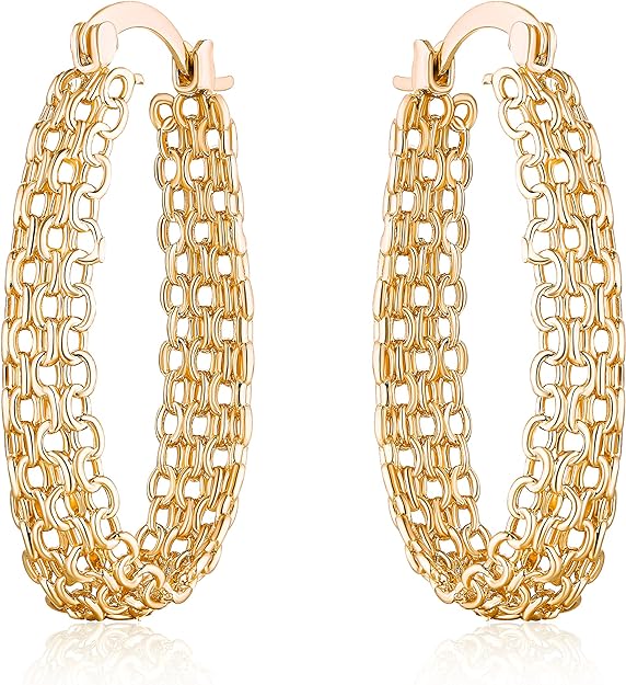 Women's gold and silver wire earrings 18K gold-plated chain ring mesh braided gold and silver wire ring earrings (gold), brass