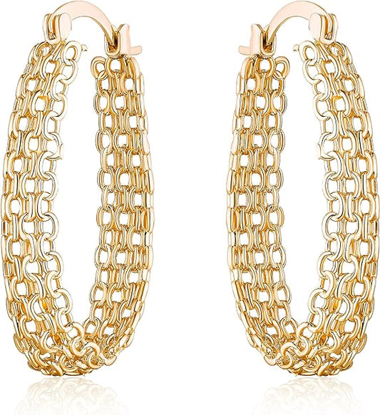 Women's gold and silver wire earrings 18K gold-plated chain ring mesh braided gold and silver wire ring earrings (gold), brass