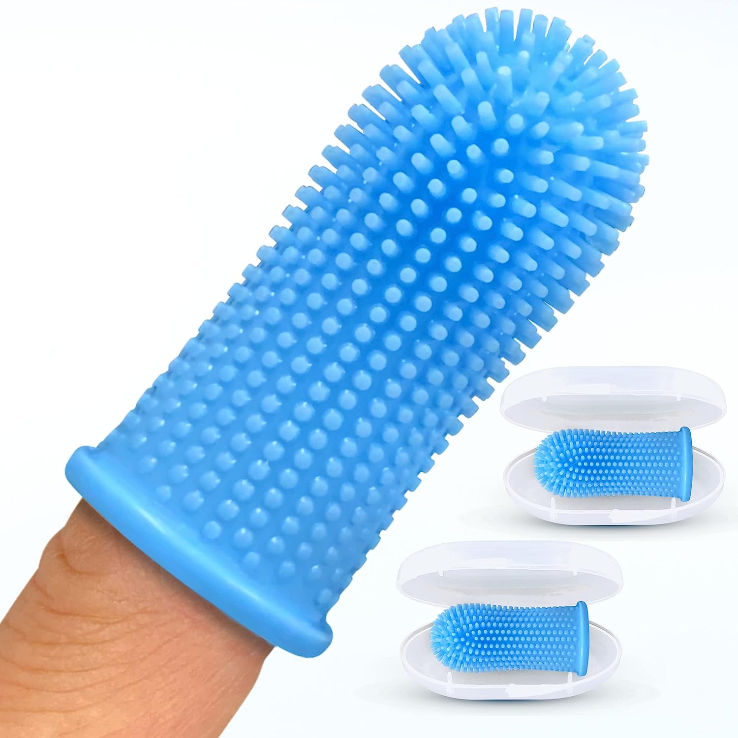 Dog toothbrush-360° dog brushing kit for dog teeth cleaning-dog dental care suitable for puppies, cats and small pets-Ergonomic dog finger toothbrush with surround bristles-blue 4 pieces