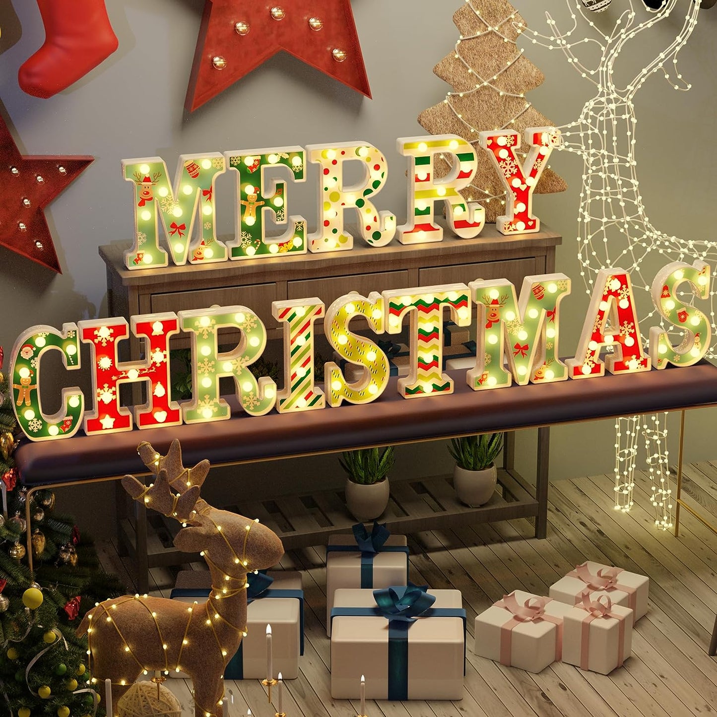 Christmas decorations-14 LED letter Christmas lights "Happy Christmas", suitable for Christmas party home decoration, surface UV printing snowflakes, Christmas trees, elk, Christmas hats, etc., warm white