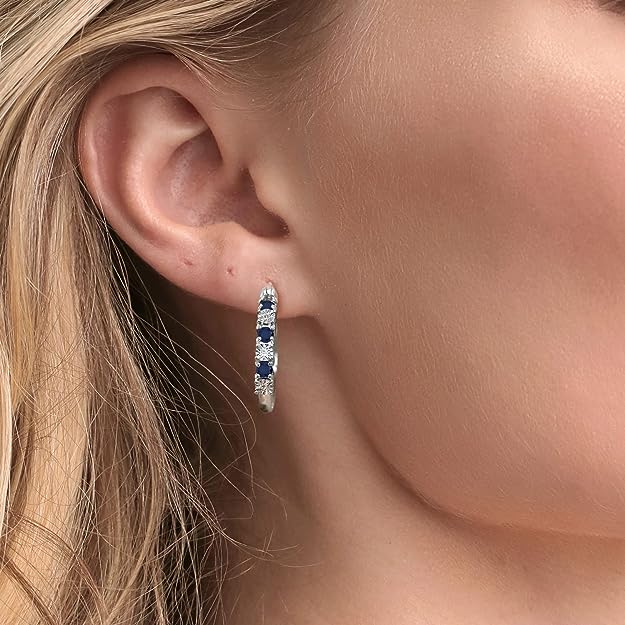 925 sterling silver sapphire and white laboratory-grown diamond embellished women's hoop earrings (0.83 carats, 22 mm = 0.85 inches in diameter), metallic gemstone, sapphire