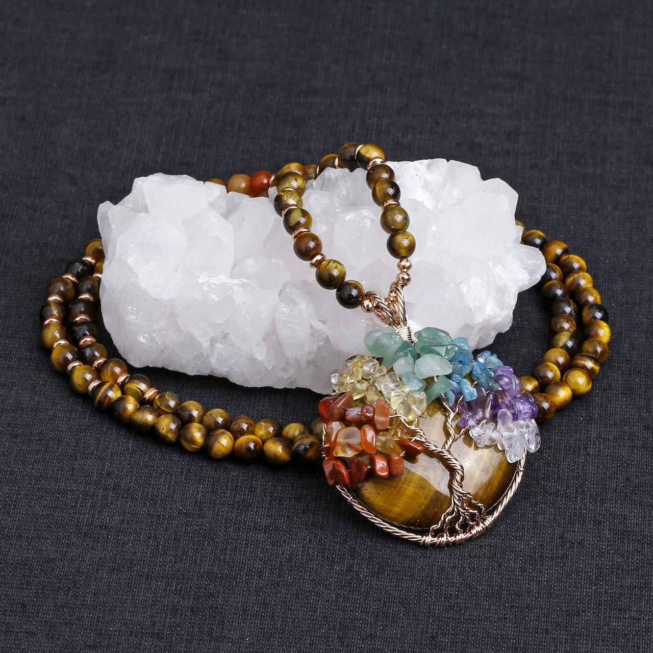 7 Chakra Reiki Repair Crystal Natural Gemstone Pendant Necklace Bracelet Silver Tree of Life Pendant Jewelry Set for Balance Meditation