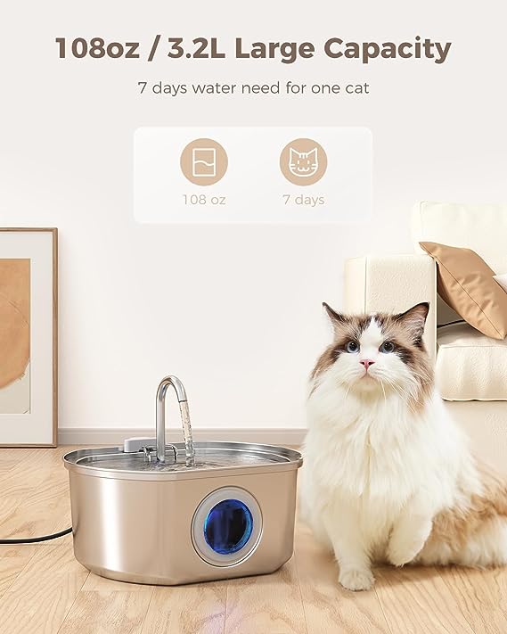 Cat Water Fountain Stainless Steel: 3.2L/108oz Large Automatic Quiet Pet Water Fountain - Dog Water Dispenser with Water Level Window - Multiple Pets - 4 filter replacements