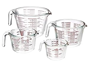 Glass measuring cup set, 4-piece set including 1, 2, 4 and 8 cup sizes, transparent