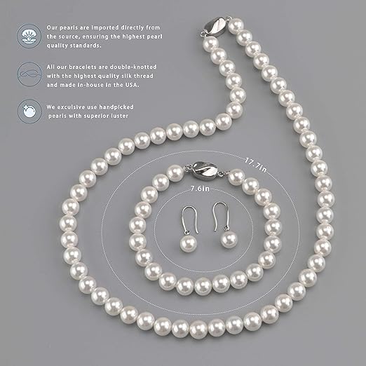 Pearl necklace set suitable for ladies and girls, 8mm round shell pearls including stunning bracelets and pendant earrings 3 pieces of jewelry, for mother, wife, sister, best friend birthday Christmas gift, gift box