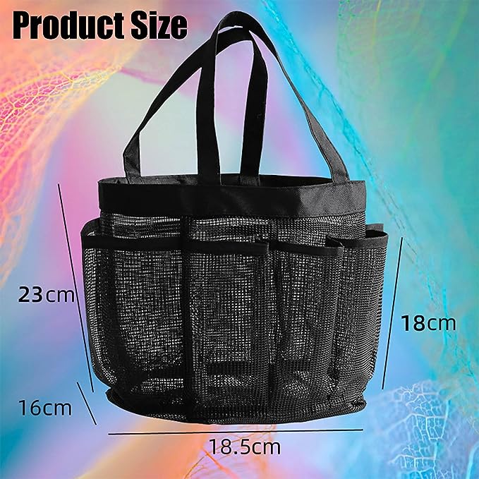 Shower rack dormitory mesh shower bag, mesh shower rack portable toiletry bag with 8 pockets, essential quick-drying bathroom storage bag for college dormitories, suitable for university dormitories, gyms, beaches, camping (black)