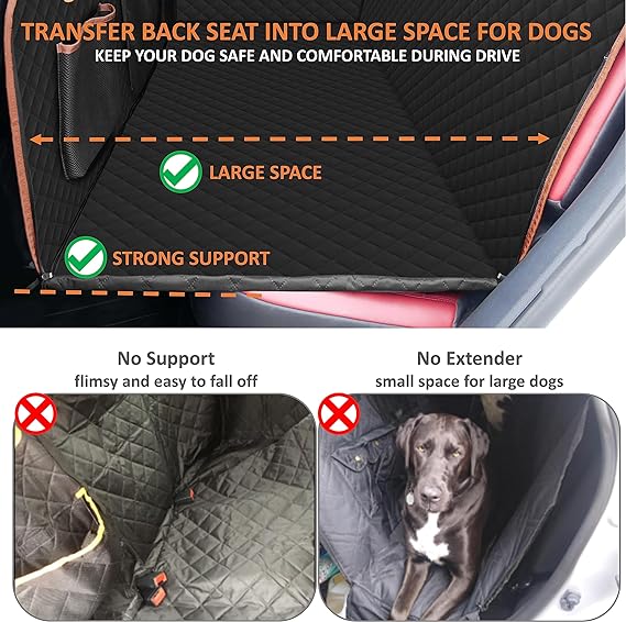 Rear seat extender for dogs and cats, car seat cover with hard support, waterproof dog hammock for car travel, foldable camping bed mattress for car SUV truck (black)