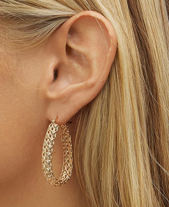 Women's gold and silver wire earrings 18K gold-plated chain ring mesh braided gold and silver wire ring earrings (gold), brass
