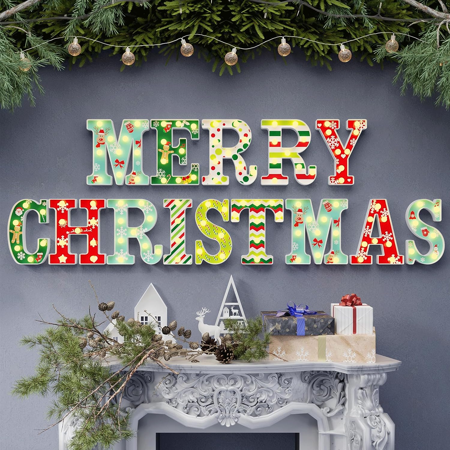 Christmas decorations-14 LED letter Christmas lights "Happy Christmas", suitable for Christmas party home decoration, surface UV printing snowflakes, Christmas trees, elk, Christmas hats, etc., warm white