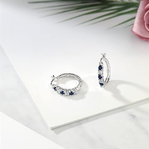 925 sterling silver sapphire and white laboratory-grown diamond embellished women's hoop earrings (0.83 carats, 22 mm = 0.85 inches in diameter), metallic gemstone, sapphire