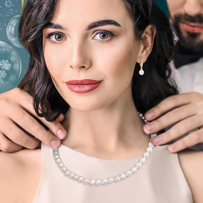 Women's white freshwater cultured pearl necklace, natural pearl bracelet, necklace, 14K real gold gold-plated bracelet set, adjustable gift for girls