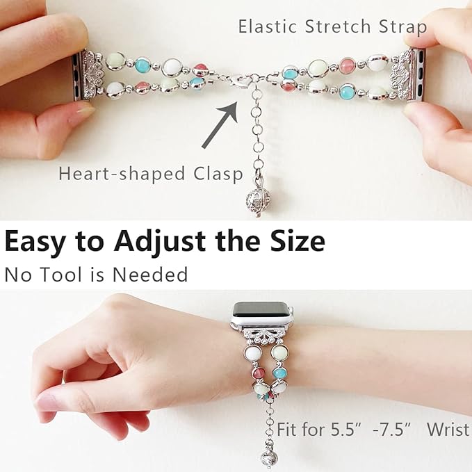 Adjustable handmade luminous pearl strap compatible with Apple Watch series 7/6/5/4/3/2/1 SE jewelry beaded bracelet with essential oil/perfume storage pendant