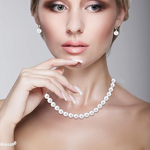 Pearl necklace set suitable for ladies and girls, 8mm round shell pearls including stunning bracelets and pendant earrings 3 pieces of jewelry, for mother, wife, sister, best friend birthday Christmas gift, gift box