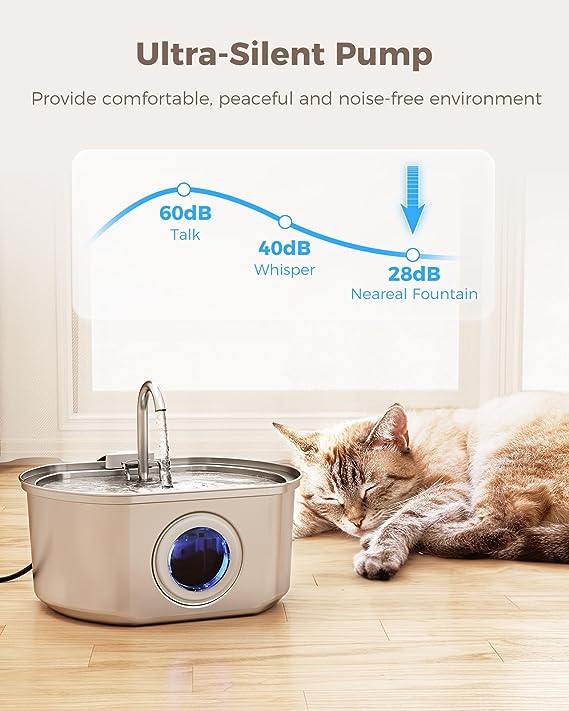 Cat Water Fountain Stainless Steel: 3.2L/108oz Large Automatic Quiet Pet Water Fountain - Dog Water Dispenser with Water Level Window - Multiple Pets - 4 filter replacements