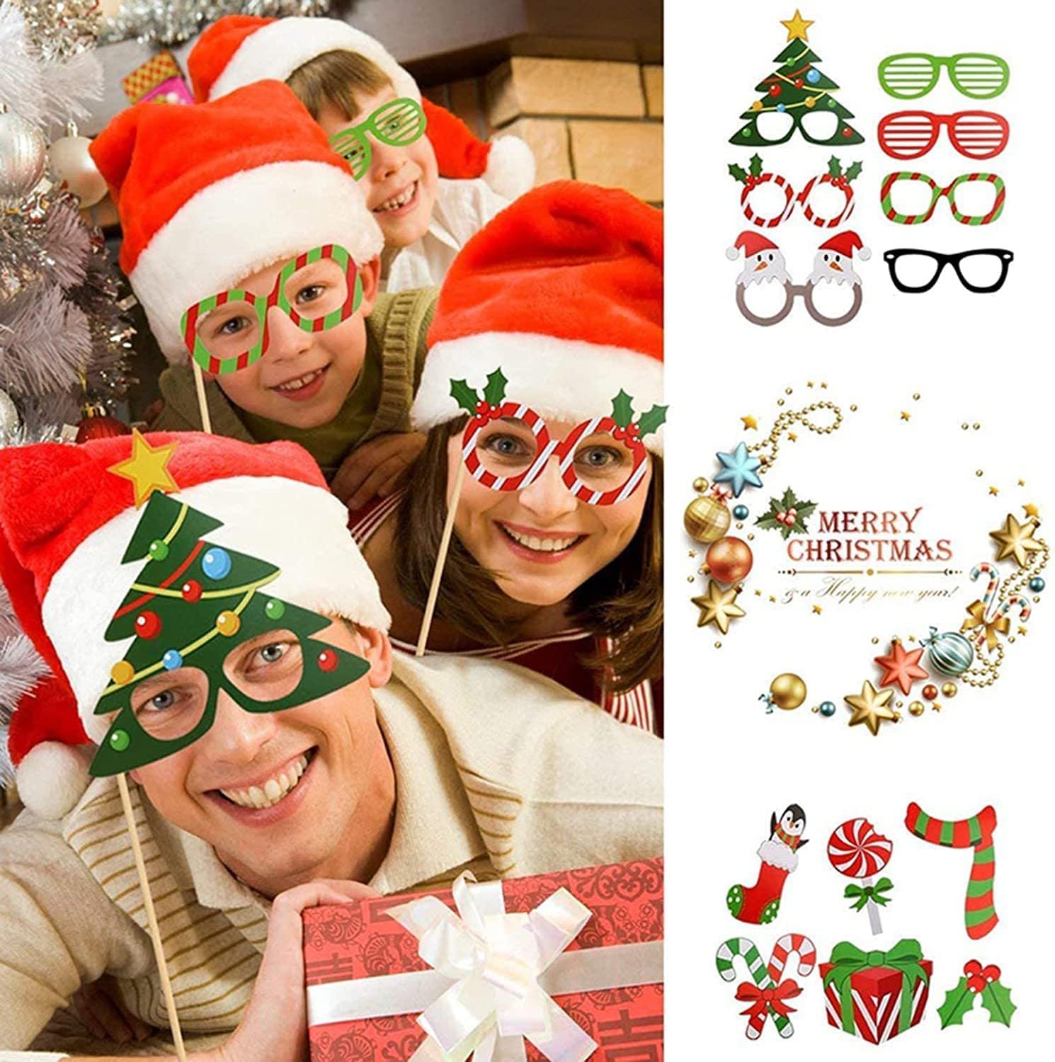 32 pieces of Christmas photo booth props-Christmas games for party supplies-picture background decoration set party gifts-Games suitable for children and adults-Selfie holiday Christmas photography photos