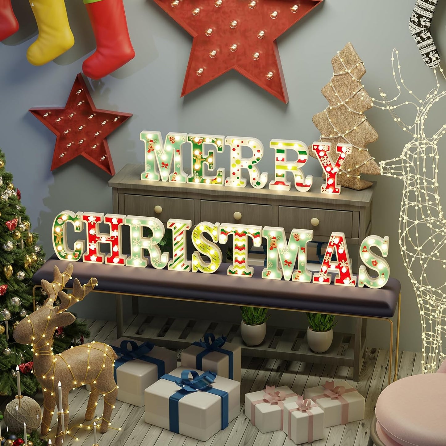 Christmas decorations-14 LED letter Christmas lights "Happy Christmas", suitable for Christmas party home decoration, surface UV printing snowflakes, Christmas trees, elk, Christmas hats, etc., warm white