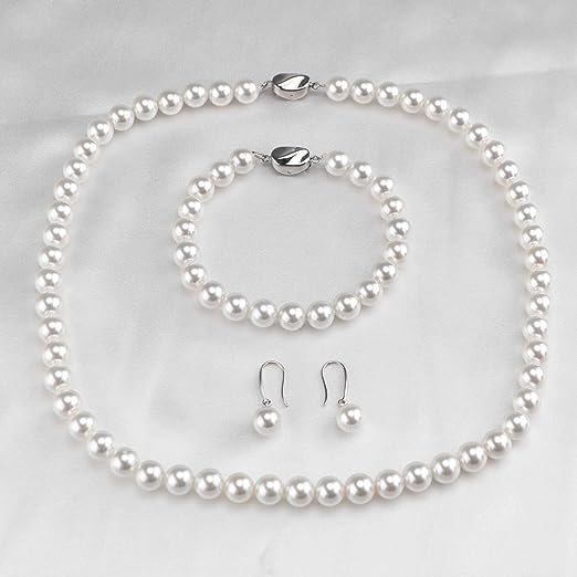 Pearl necklace set suitable for ladies and girls, 8mm round shell pearls including stunning bracelets and pendant earrings 3 pieces of jewelry, for mother, wife, sister, best friend birthday Christmas gift, gift box