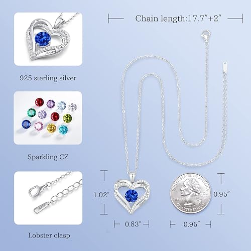 Forever Love Heart Pendant Necklaces for Women 925 Sterling Silver with Birthstone Zirconia, Anniversary Birthday Gifts for Wife, Jewelry Gift for Women Mom Girlfriend Girls Her