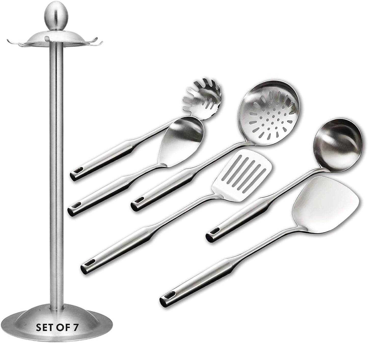 Kitchen utensils set–6 pieces of stainless steel cooking utensils, with rotating bracket storage rack, including scribing spoon, scribing spatula, large spoon, soup spoon, spatula, spatula, silver / 7 piece set