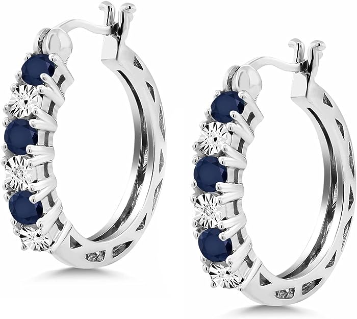 925 sterling silver sapphire and white laboratory-grown diamond embellished women's hoop earrings (0.83 carats, 22 mm = 0.85 inches in diameter), metallic gemstone, sapphire