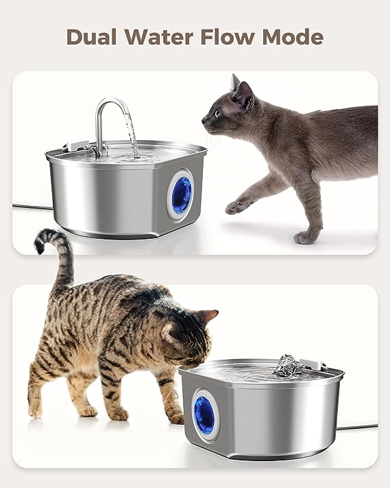 Cat Water Fountain Stainless Steel: 3.2L/108oz Large Automatic Quiet Pet Water Fountain - Dog Water Dispenser with Water Level Window - Multiple Pets - 4 filter replacements