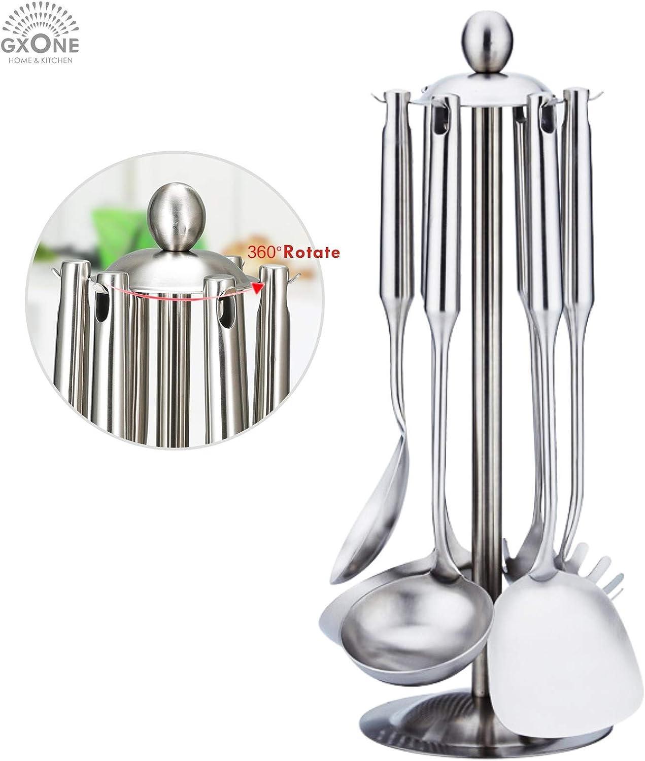 Kitchen utensils set–6 pieces of stainless steel cooking utensils, with rotating bracket storage rack, including scribing spoon, scribing spatula, large spoon, soup spoon, spatula, spatula, silver / 7 piece set