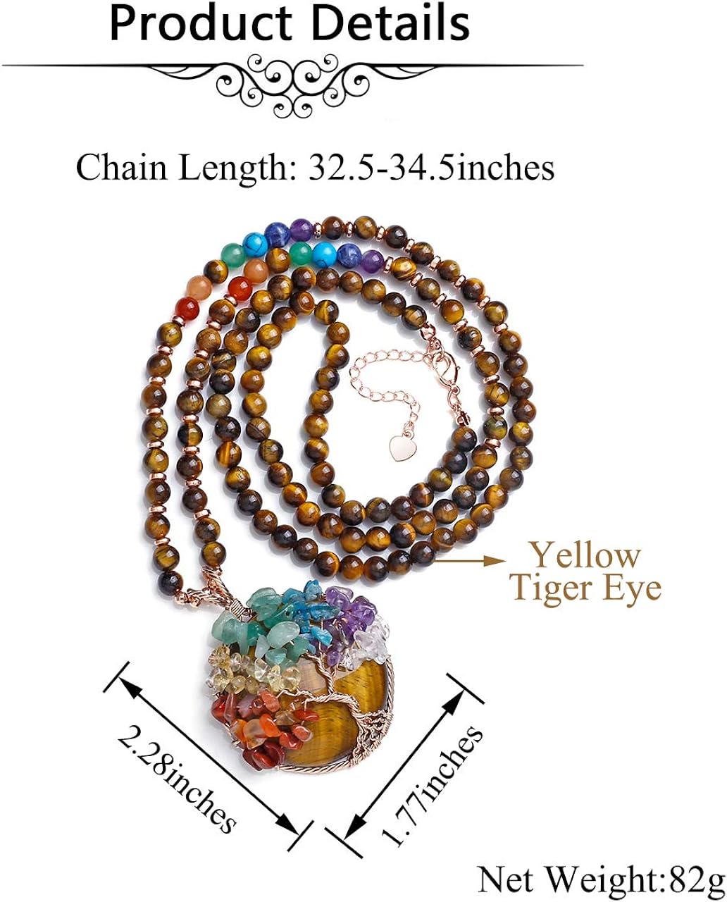 7 Chakra Reiki Repair Crystal Natural Gemstone Pendant Necklace Bracelet Silver Tree of Life Pendant Jewelry Set for Balance Meditation