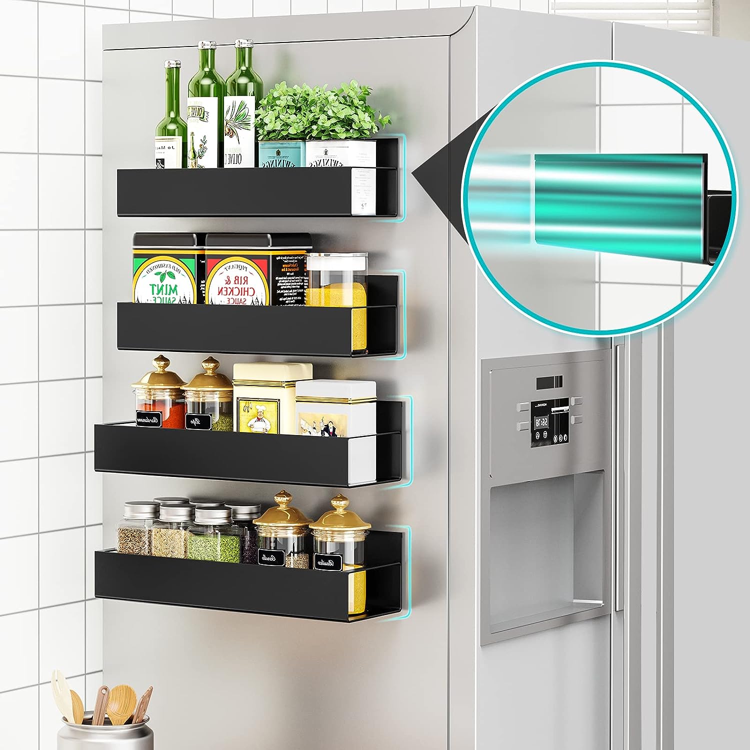 4-piece set, removable refrigerator, magnetic spice rack, metal black