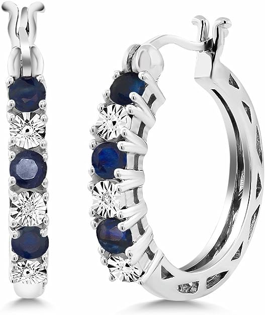 925 sterling silver sapphire and white laboratory-grown diamond embellished women's hoop earrings (0.83 carats, 22 mm = 0.85 inches in diameter), metallic gemstone, sapphire