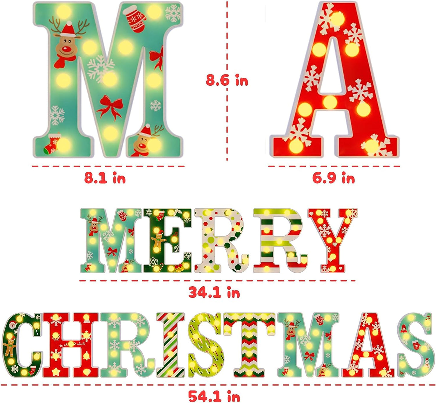 Christmas decorations-14 LED letter Christmas lights "Happy Christmas", suitable for Christmas party home decoration, surface UV printing snowflakes, Christmas trees, elk, Christmas hats, etc., warm white